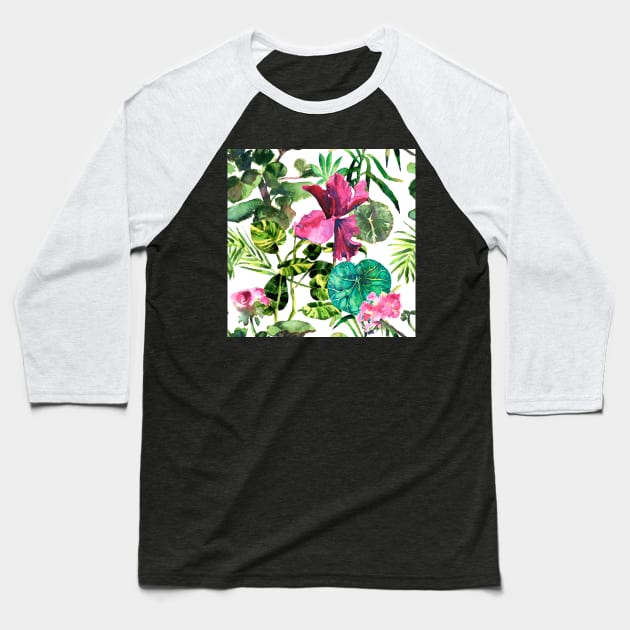 Seamless tropical flower, plant and leaf pattern background Baseball T-Shirt by Olga Berlet